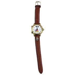 Vintage Lorus Mickey Mouse Alarm Chime Mens Watch Brown Leather Quartz V691-6000
